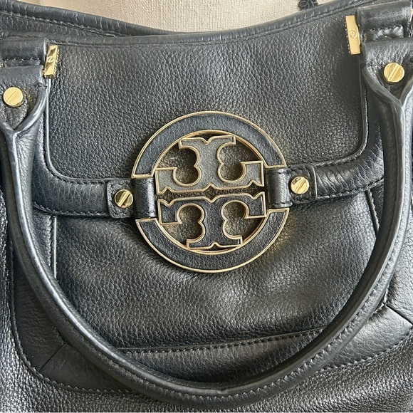 Tory Burch Amanda Black Pebbled Leather Convertible Hobo Satchel Gold Logo - Picture 6 of 16